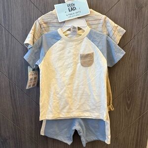 Little Lad Blue and Cream Kids Shirt & Shorts 4 piece Set